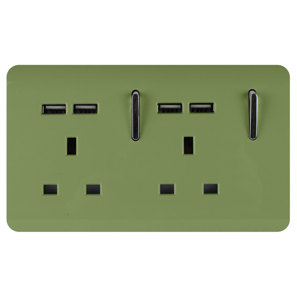 Trendi Switch Trendi 2 Gang Artistic Modern Glossy 13 Amp 4X2.1ma Usb Switched Tactile Plug Socket Moss Green