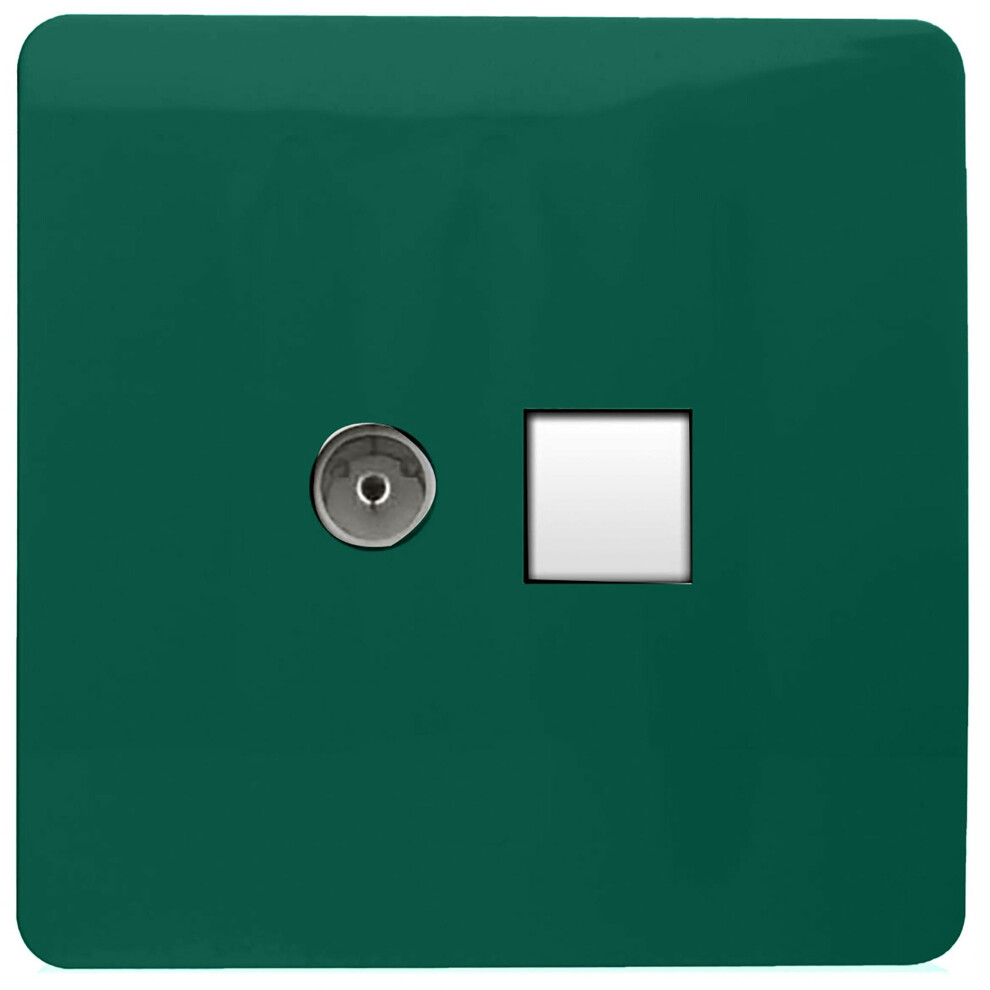 Trendi Artistic Modern Glossy Tactile TV Co-axial Socket + Telephone Socket Dark Green