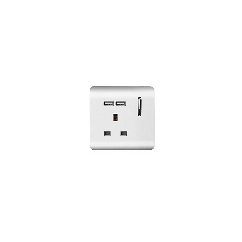 Trendi 1 Gang Artistic Modern Glossy 13 Amp 2 x 2.1mA USB Switched Tactile Plug Socket Silver