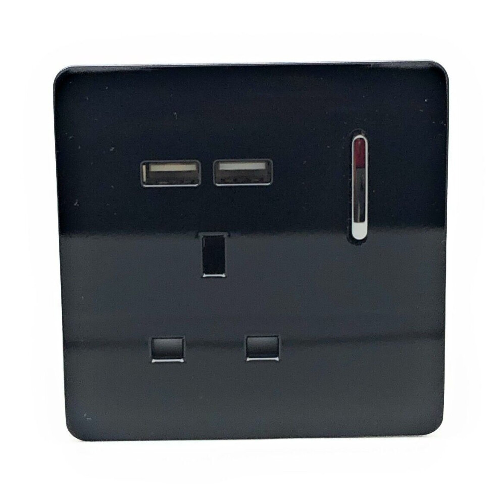 Trendi 1 Gang Glossy 13 Amp 2 x 2.1mA USB Switched Plug Socket Black