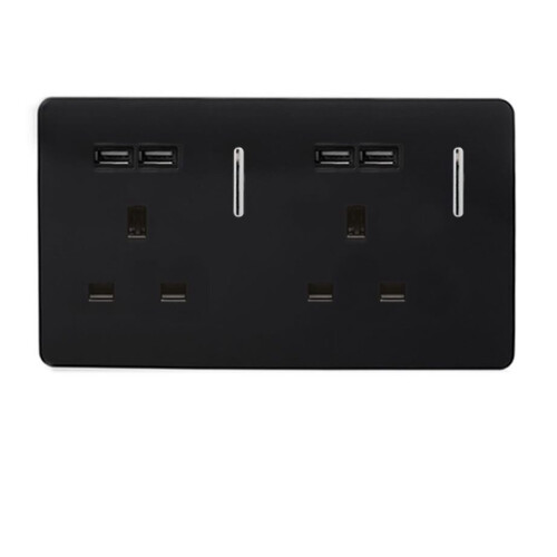 Trendi 2 Gang Artistic Modern Glossy 13 Amp 4 x 2.1mA USB Switched Tactile Plug Socket Piano Black