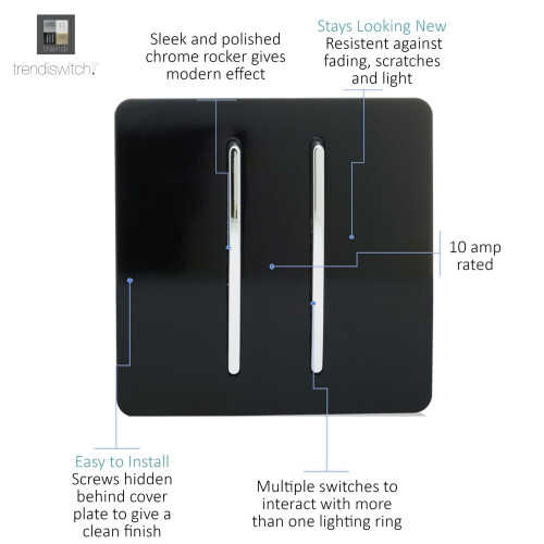Trendi Switch Trendi 2 Gang 2 Way Modern Glossy 10 Amp Light Switch Piano Black 1