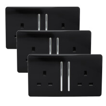 Trendi 2 Gang Glossy 13 Amp Switched Plug Socket Piano Black (3 Pack)