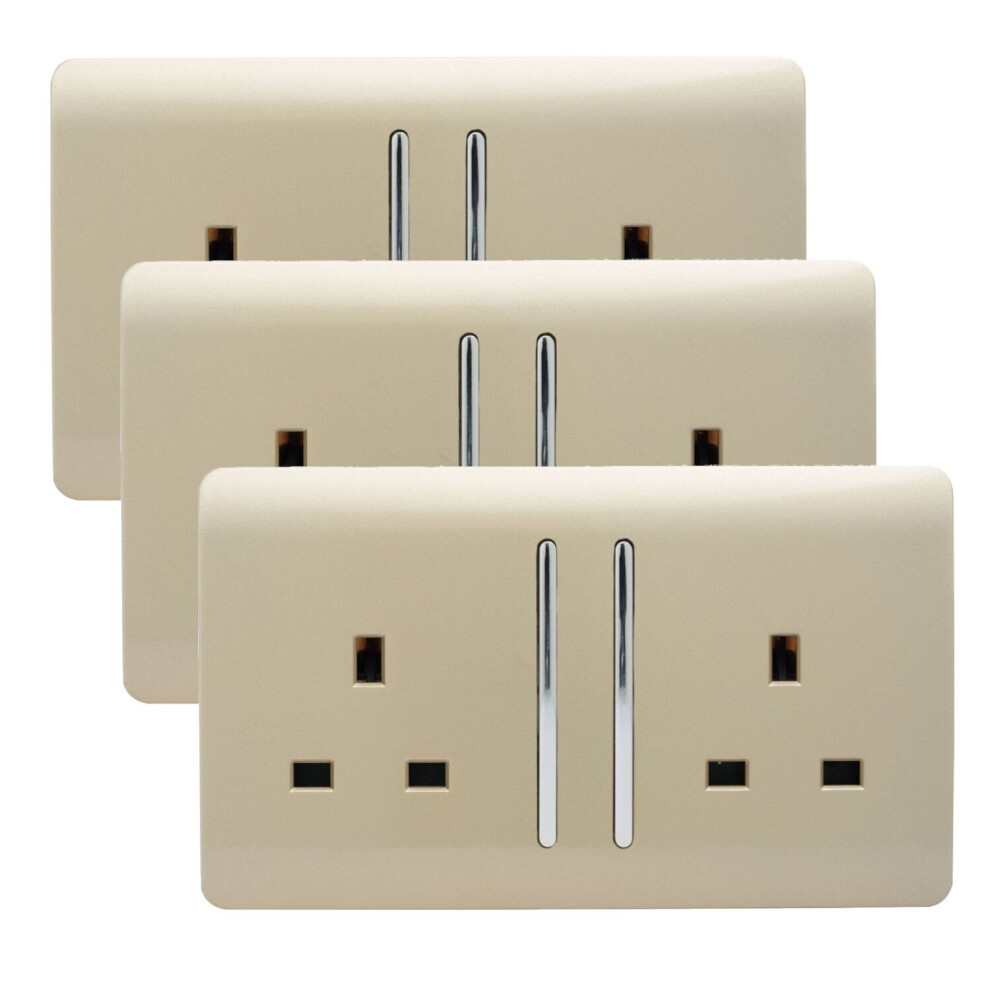 Trendi Switch Trendi 2 Gang Artistic Modern Glossy 13 Amp Switched Tactile Plug Socket Champagne (3 Pack) Gold