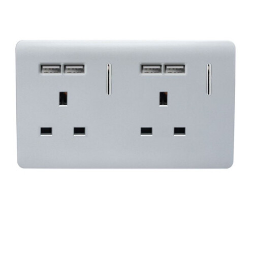 Trendi Switch Trendi 2 Gang Modern Glossy 13 Amp 4 x 2.1mA USB Plug Socket Silver