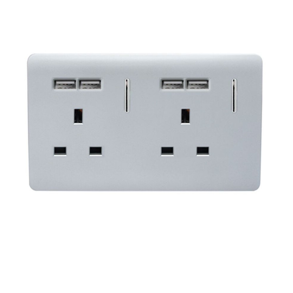 Trendi 2 Gang Modern Glossy 13 Amp 4 x 2.1mA USB Plug Socket Silver