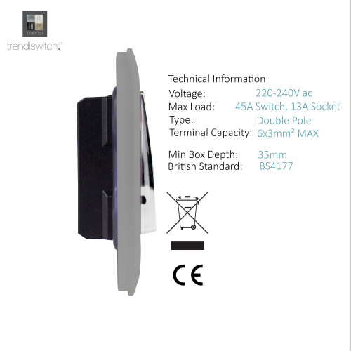 Trendi Switch Trendi Modern 45 A Cooker Switch & Plug Socket Inc Neon Insert Silver 2