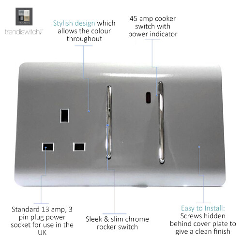 Trendi Switch Trendi Modern 45 A Cooker Switch & Plug Socket Inc Neon Insert Silver 1