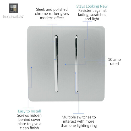 Trendi Switch Trendi 2 Gang (2 Way & Intermediate) 10 Amp Rocker Light Switch Silver 1