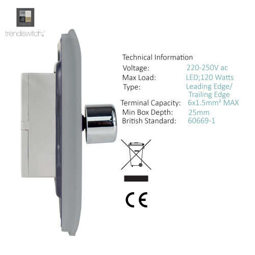 Trendi Switch Trendi Modern Glossy 1 Gang 2 Way 120w LED Dimmer Switch Silver 2