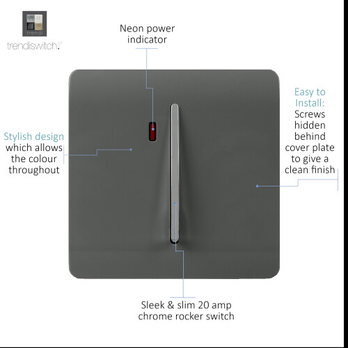 Trendi Switch Trendi Artistic Modern Glossy 20 A Tactile Light Switch & Neon Insert Charcoal 1