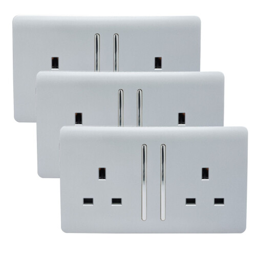 Trendi Switch Trendi 2 Gang Modern 13 Amp Switched Plug Socket Silver (3 Pack)