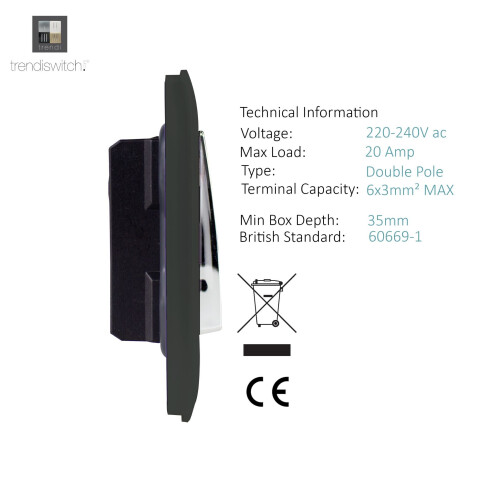 Trendi Switch Trendi Artistic Modern Glossy 20 A Tactile Light Switch & Neon Insert Charcoal 2