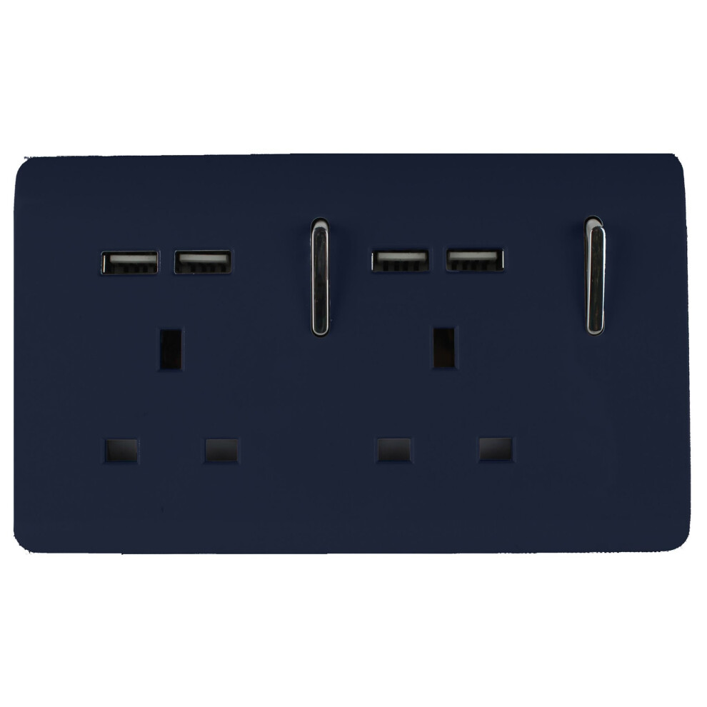 Trendi 2 Gang Glossy 13 Amp 4x2.1mA USB Switched Plug Socket Navy