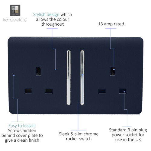 Trendi Switch Trendi 2 Gang Artistic Modern Glossy 13 Amp Switched Plug Socket Navy 1