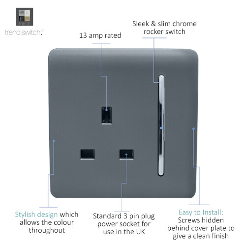 Trendi Switch Trendi 1 Gang Modern Glossy 13 Amp Switched Plug Socket Warm Grey 1