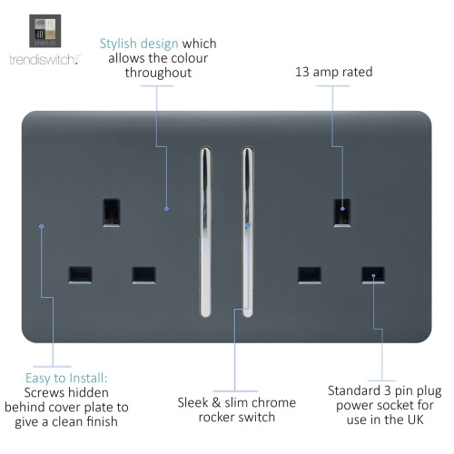 Trendi Switch Trendi 2 Gang Modern Glossy 13 Amp Switched Plug Socket Warm Grey 1
