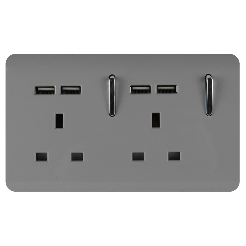 Trendi 2 Gang Artistic Modern Glossy 13 Amp 4x2.1mA USB Switched Tactile Plug Socket Light Grey
