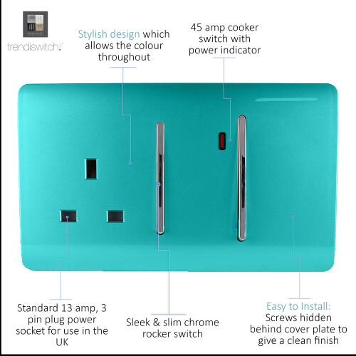 Trendi Switch Trendi Artistic Modern Glossy 45 A Cooker Switch & Plug Socket Inc Neon Insert Bright Teal 1