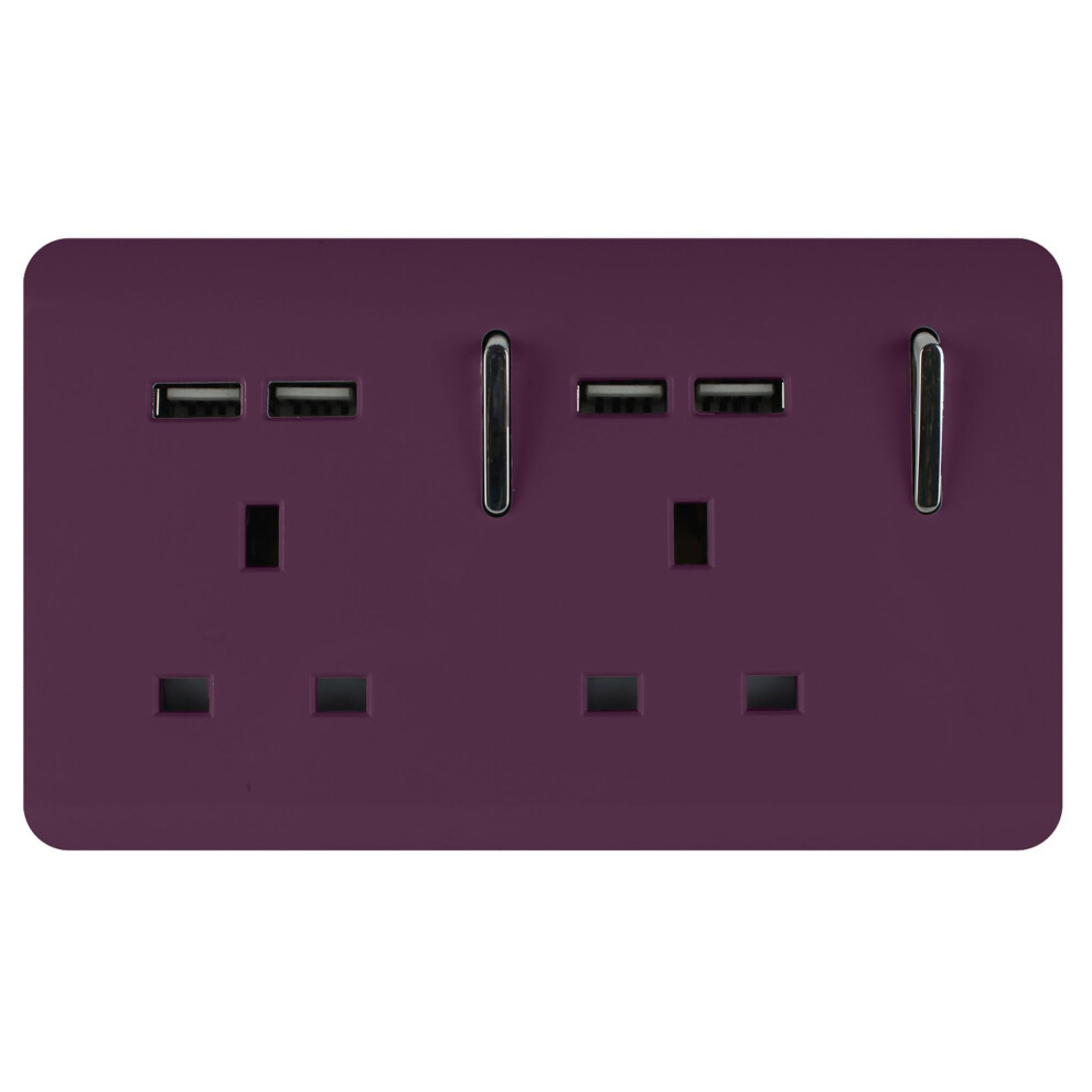 Trendi 2 Gang Artistic Modern Glossy 13 Amp 4X2.1ma Usb Switched Tactile Plug Socket Plum 7091055486027