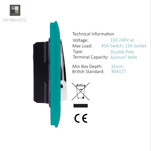 Trendi Switch Trendi Artistic Modern Glossy 45 A Cooker Switch & Plug Socket Inc Neon Insert Bright Teal 2