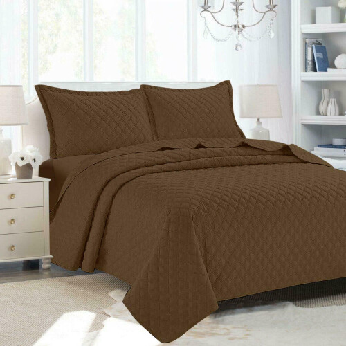 (Single, Mocha) 3 Piece Quilted Bedspread Bed Throw UK Bedding Set on OnBuy
