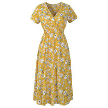(Yellow, L) Women V Neck Floral Dress Short Sleeve Summer