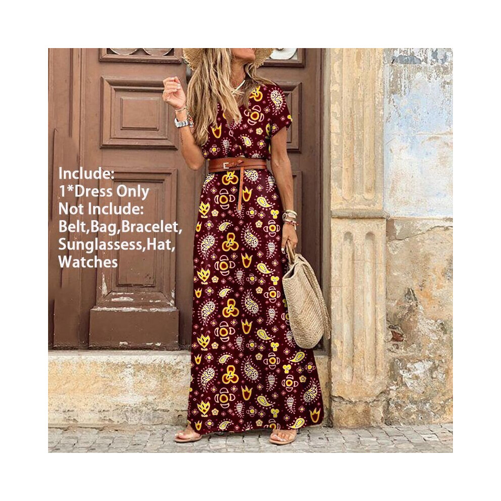 (Claret(No Belt), M) Women Summer Floral Long Dress V Neck Boho dresses-image-OPC-P7BB2P8-NEW