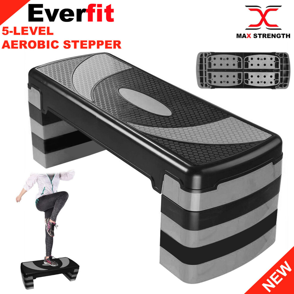 (Grey) 5 Levels Aerobic Stepper Adjustable Fitness Exercise Board Step Gym Platform