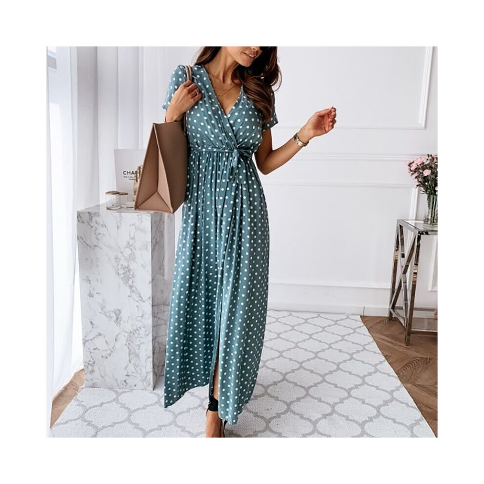 (Blue, 2XL) Women V Neck Polka Dot Long Maxi Dress Summer Holiday