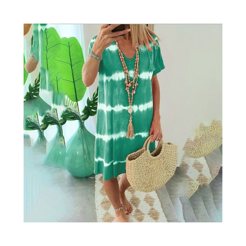 (Green, 2XL) Plus Size Summer V-Neck Beach Casual Loose Dress