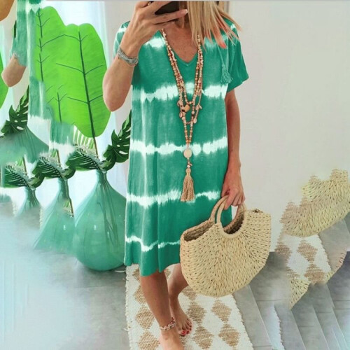 (Green, M) Plus Size Summer V-Neck Beach Casual Loose Dress