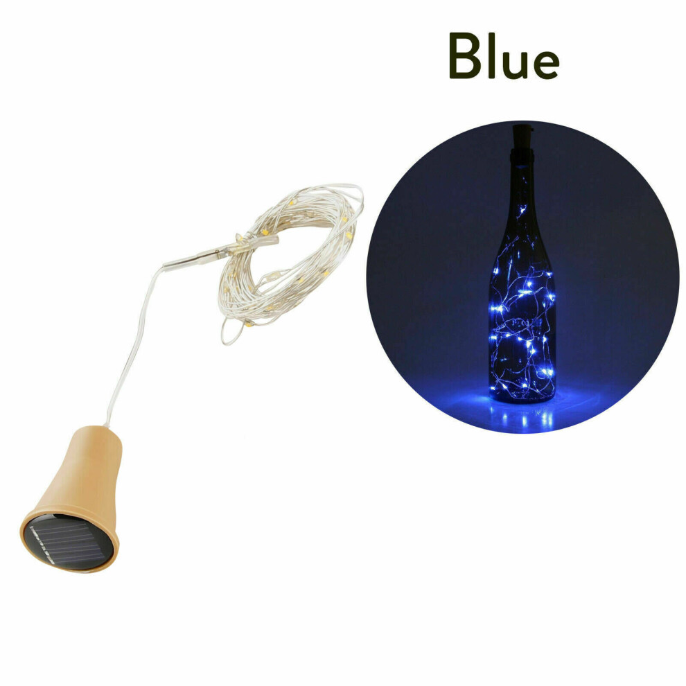 (Blue, 2m-20LEDs) 1M 2M LED Solar Fairy Lights Copper Wire Cork Wine Bottle String Light Decor