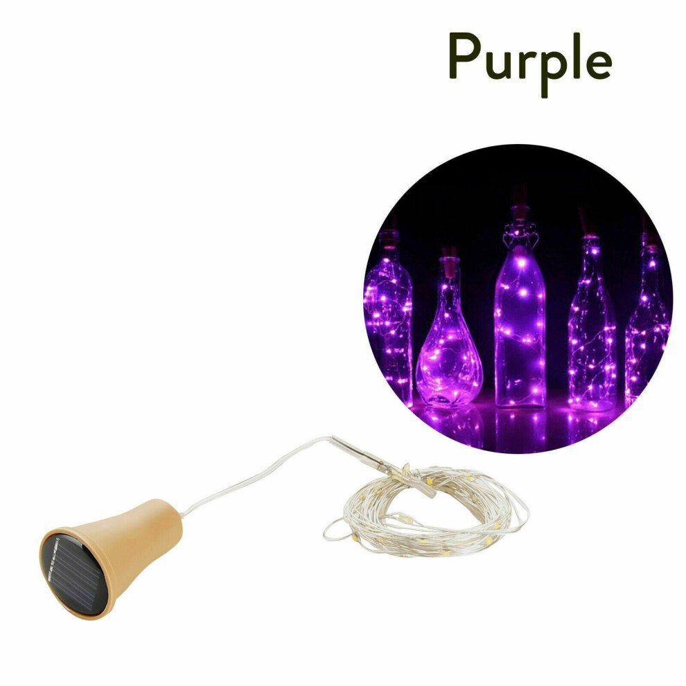 (Purple, 1m-10LEDs) 1M 2M LED Solar Fairy Lights Copper Wire Cork Wine Bottle String Light Decor