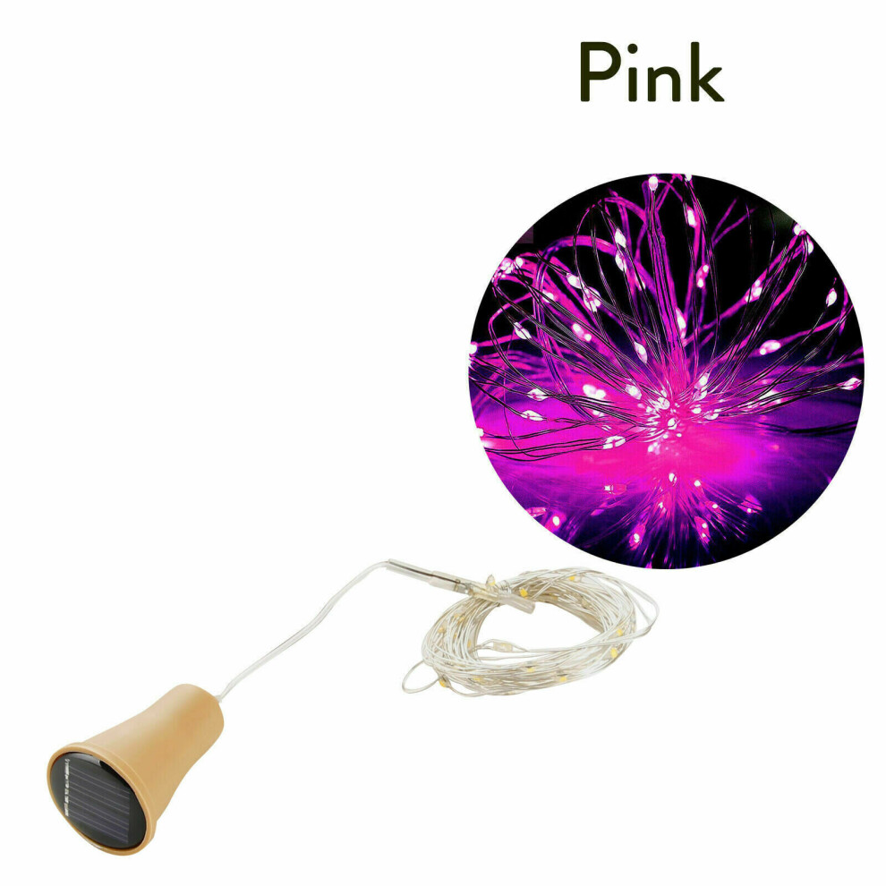 (Pink, 2m-20LEDs) 1M 2M LED Solar Fairy Lights Copper Wire Cork Wine Bottle String Light Decor