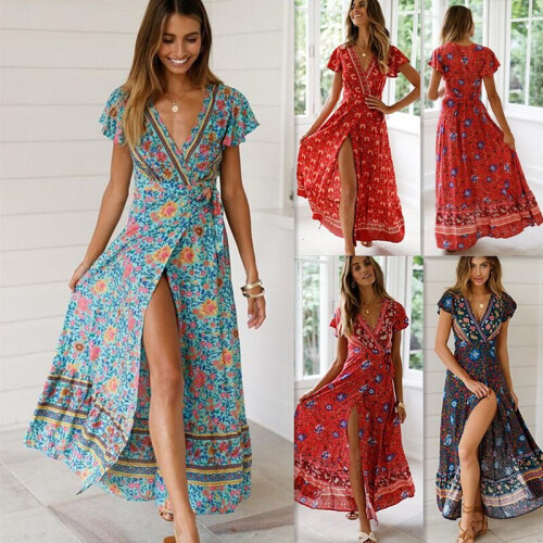 Women's Boho Maxi Dress - V-Neck Sleeveless Floral Summer Dress In S-3XL Sizes