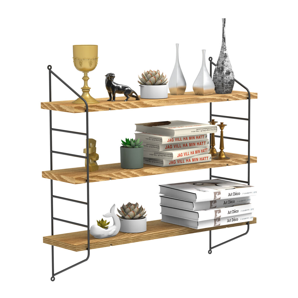 (Brown) 3 Tier Floating Shelf Metal And Wood Wall Rack