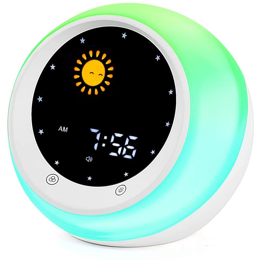 Sun & Moon Rise Kids Alarm Clock, Children's Sleep Trainer ,Sleep Sound Machine, Wake Up Light & Night Light ,Teach Kids Day & Night