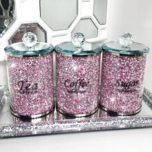 PINK Crushed Diamond Crystal Filled TEA COFFEE SUGAR Canisters Jars