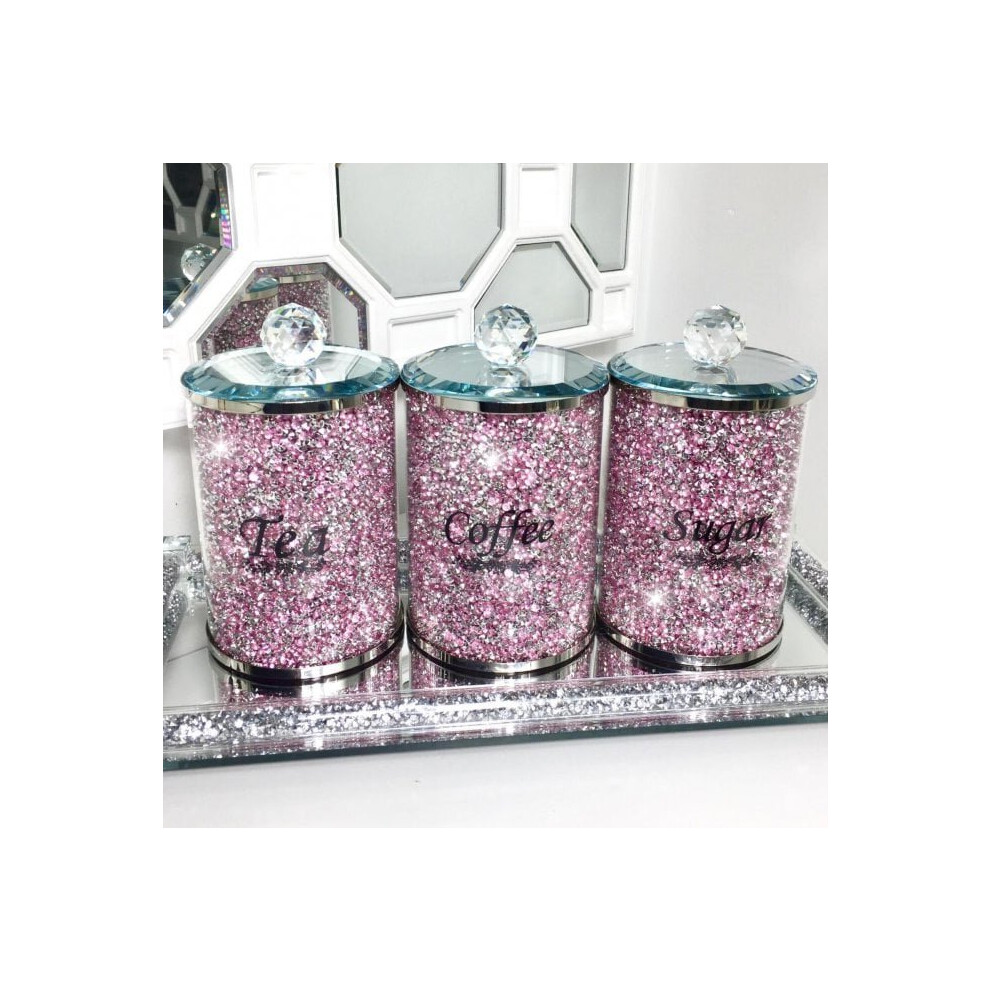 PINK Crushed Diamond Crystal Filled TEA COFFEE SUGAR Canisters Jars