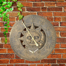Outdoor Copper-Effect Garden Clock and Thermometer, 12-Inch Wall Station with Sun and Moon Dial