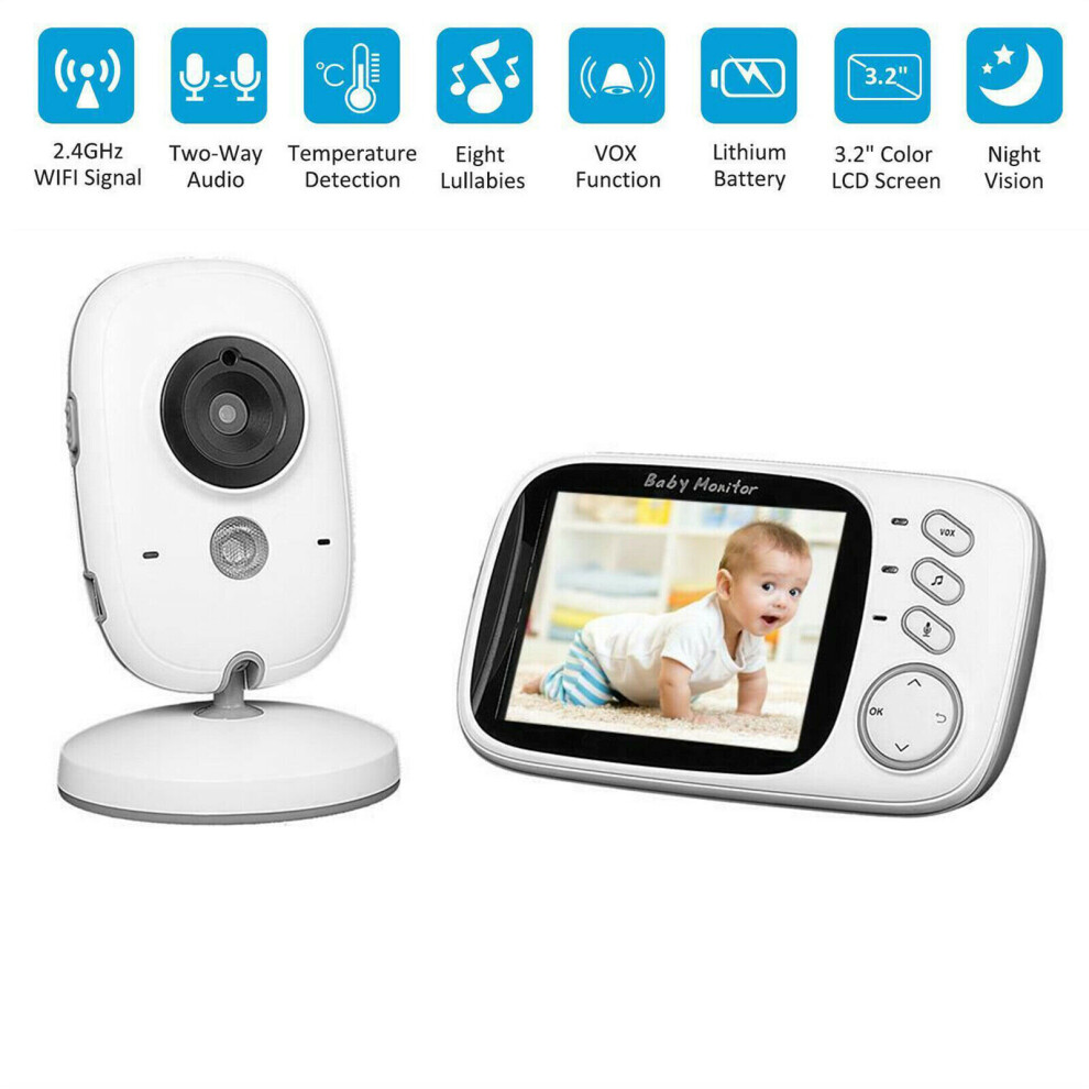 3.2 inch LCD Wireless Digital Video Baby Monitor Night Vision Temperature Sensor UK Plug