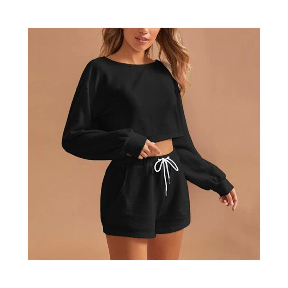 (Black, M) Women's Tracksuit Set Long Sleeve Crop Top + Drawstring Shorts Sports Loungewear