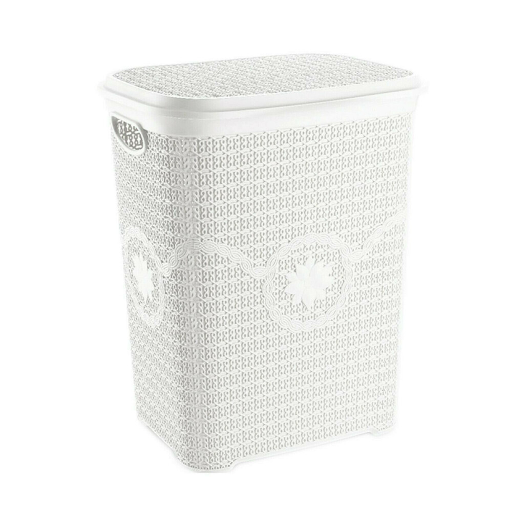 (White) Large Plastic Laundry Basket Clothes Washing Bin Hamper Storage Organiser 60L White