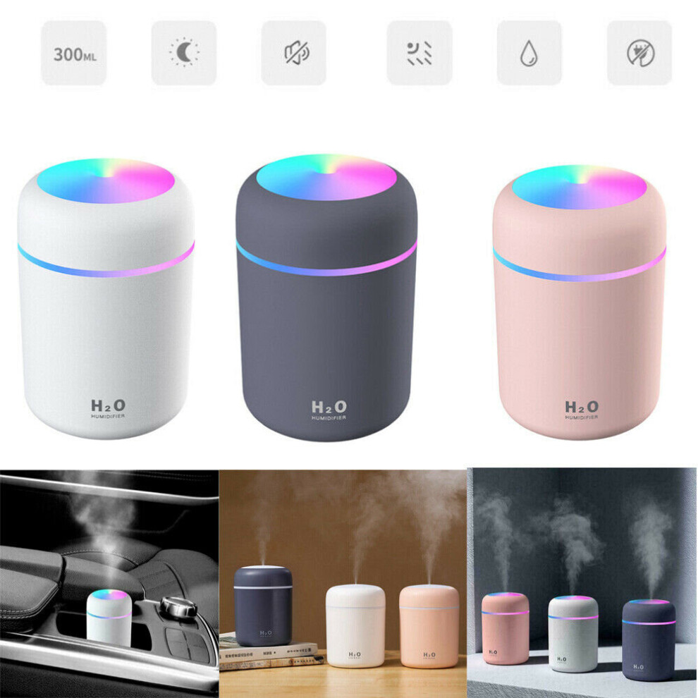 (White) Air Humidifier Turning Color Cup essential oil Aroma in Home Office Car Rainbow Light LED USB airpurifier