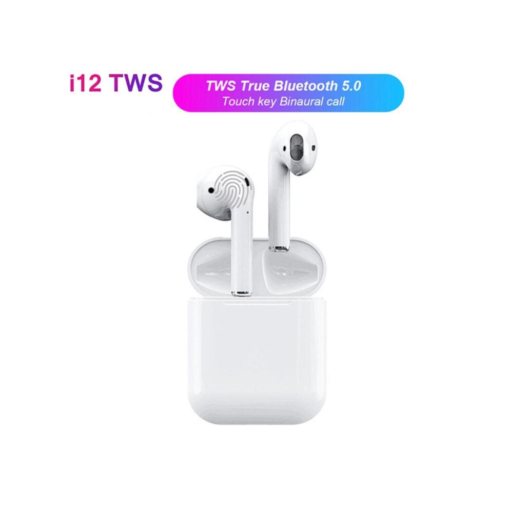 (White) i12 TWS Wireless Bluetooth 5.0 Touch control Earphones with 300mAh Charging Dock Automatically Pairing