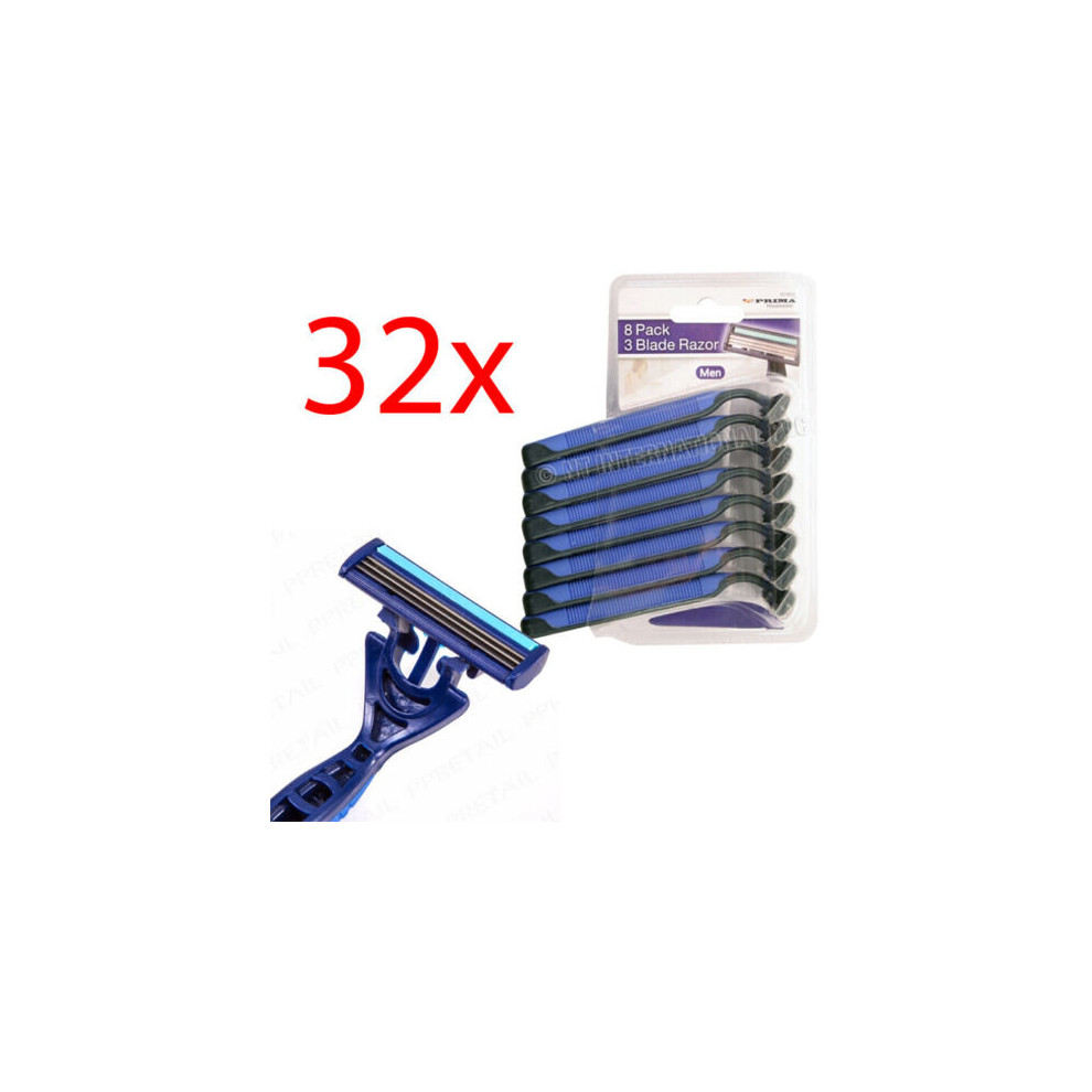 32 X BLUE TRIPLE BLADE DISPOSABLE RAZOR STRIP FACE SMOOTH SHAVING MENS