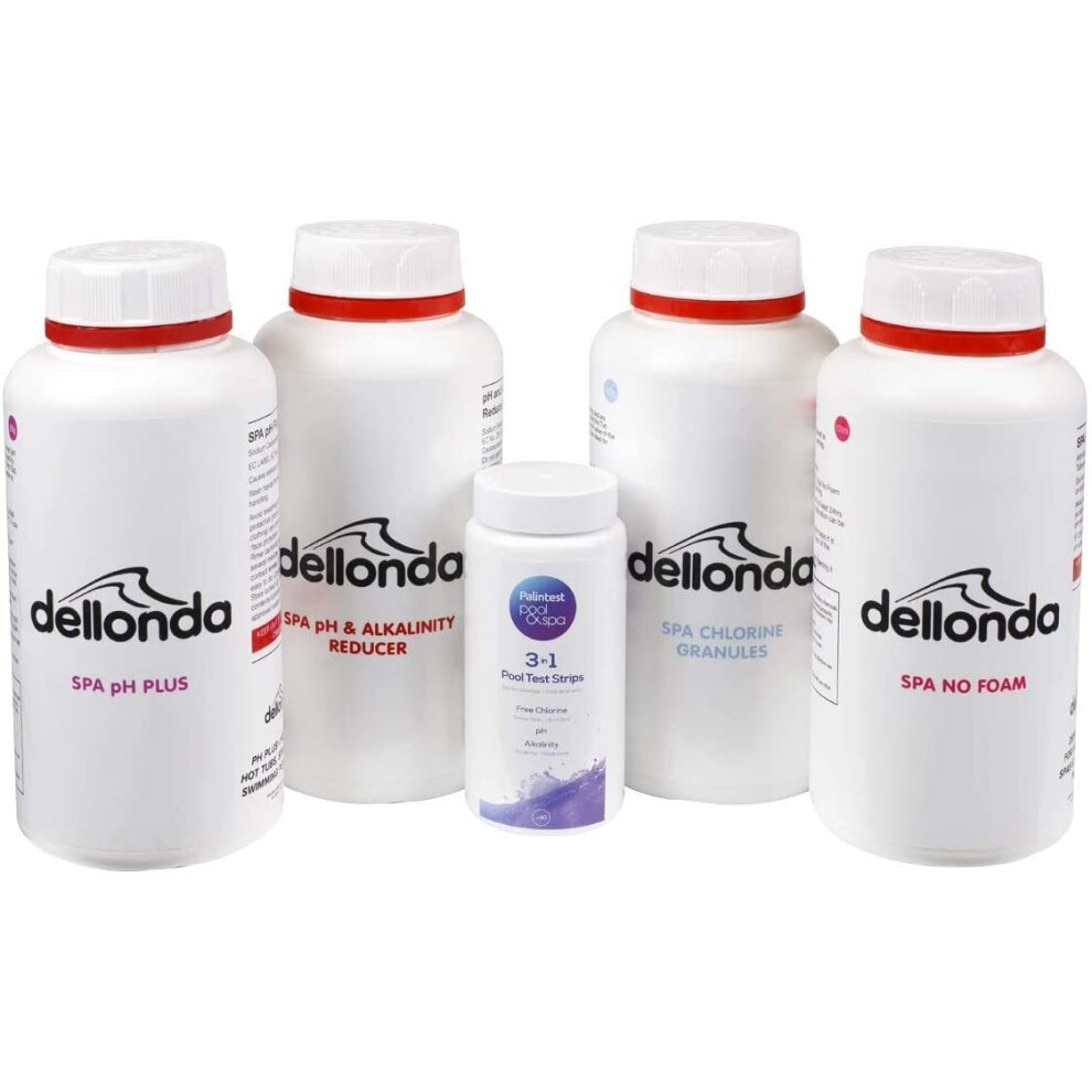 Dellonda Hot Tub/Spa Starter Kit, Chlorine Granules, pH Increaser, Dry Acid, Foam Down & Test Strips