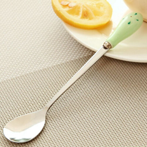 (Green) Ceramic Handle Stirring Spoon Stainless Steel Tableware