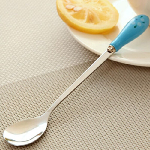 (Blue) Ceramic Handle Stirring Spoon Stainless Steel Tableware